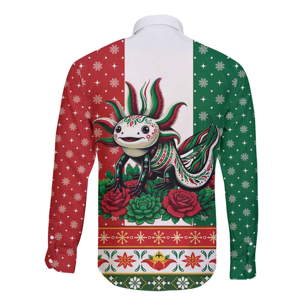 Mexico Christmas Long Sleeve Button Shirt Cute Axolotl with Flag Style - Wonder Print Shop