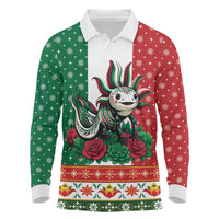 Mexico Christmas Long Sleeve Polo Shirt Cute Axolotl with Flag Style - Wonder Print Shop