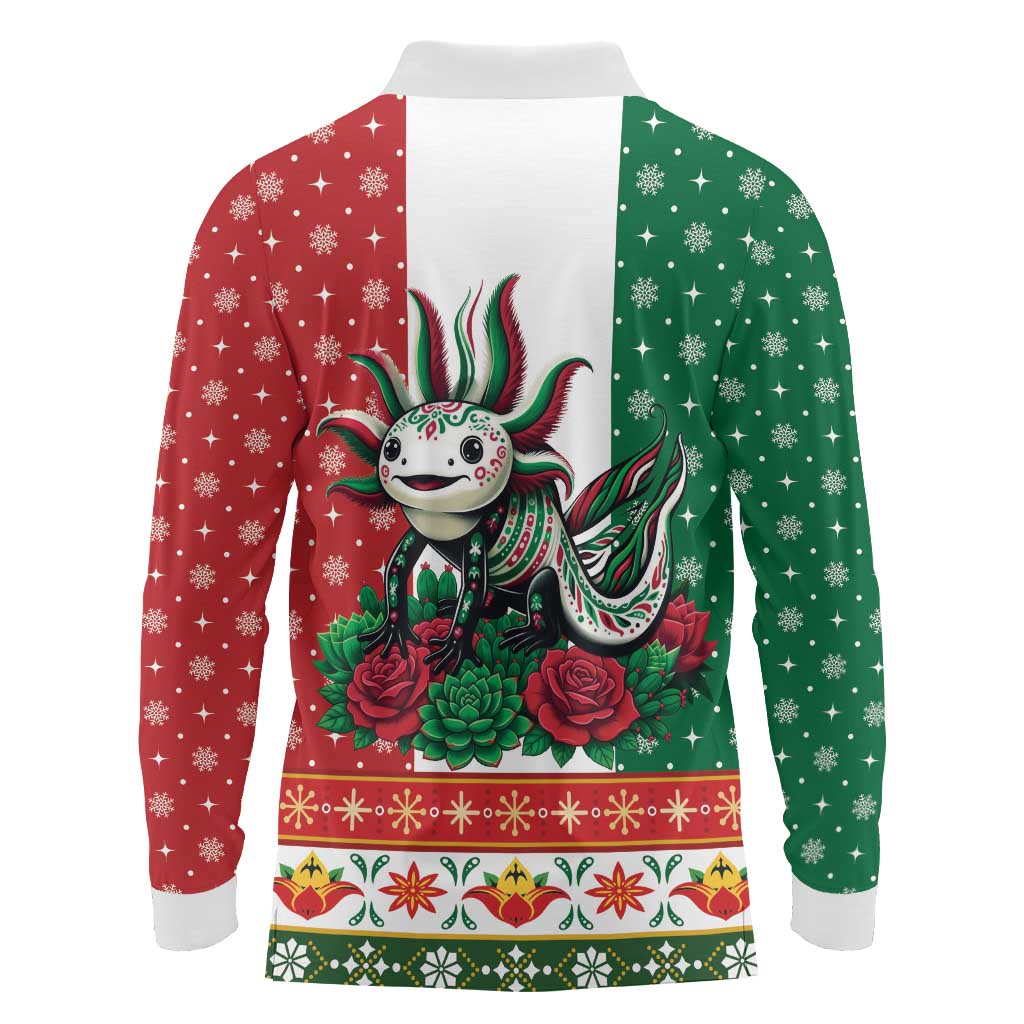 Mexico Christmas Long Sleeve Polo Shirt Cute Axolotl with Flag Style - Wonder Print Shop
