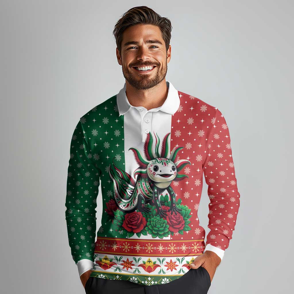 Mexico Christmas Long Sleeve Polo Shirt Cute Axolotl with Flag Style - Wonder Print Shop