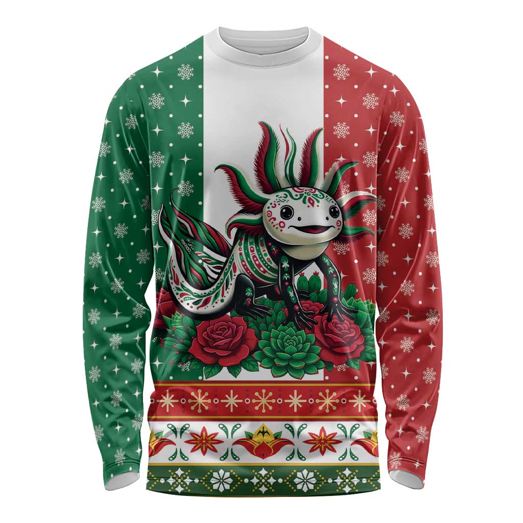 Mexico Christmas Long Sleeve Shirt Cute Axolotl with Flag Style - Wonder Print Shop