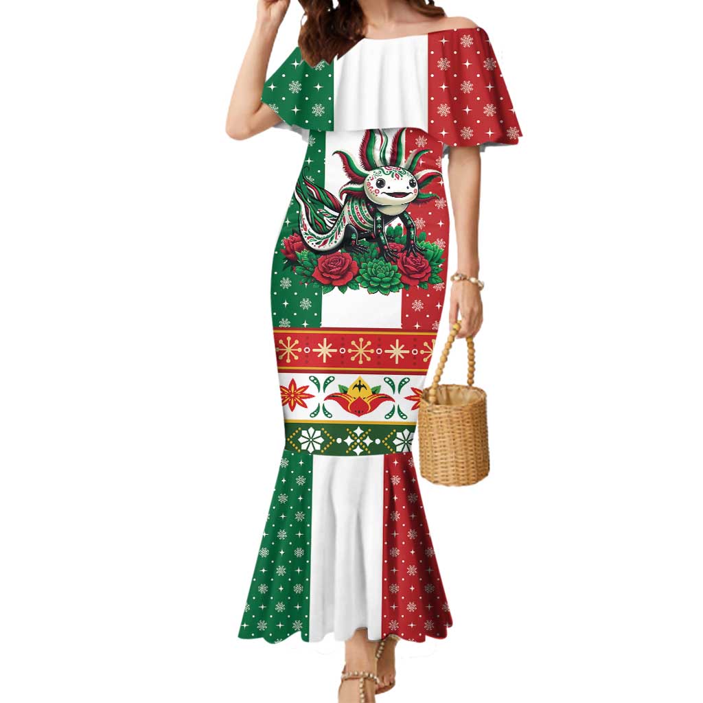Mexico Christmas Mermaid Dress Cute Axolotl with Flag Style - Wonder Print Shop