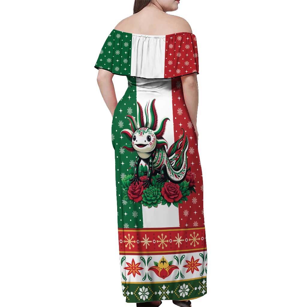 Mexico Christmas Off Shoulder Maxi Dress Cute Axolotl with Flag Style - Wonder Print Shop