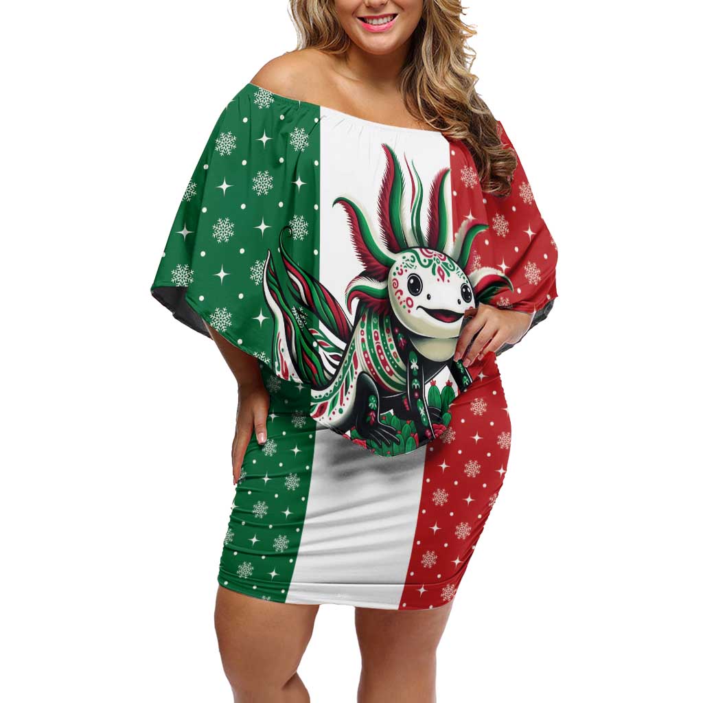 Mexico Christmas Off Shoulder Short Dress Cute Axolotl with Flag Style - Wonder Print Shop