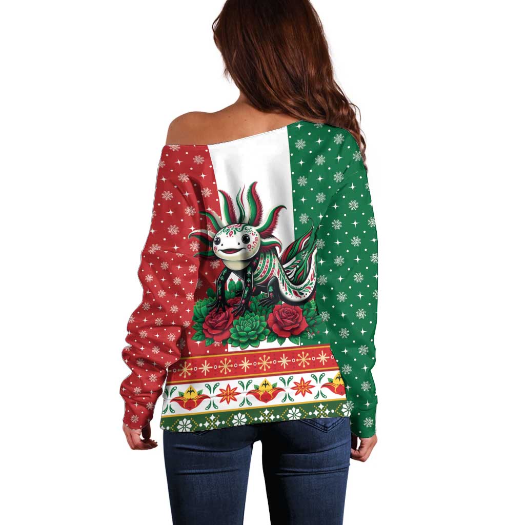 Mexico Christmas Off Shoulder Sweater Cute Axolotl with Flag Style - Wonder Print Shop