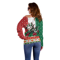 Mexico Christmas Off Shoulder Sweater Cute Axolotl with Flag Style - Wonder Print Shop