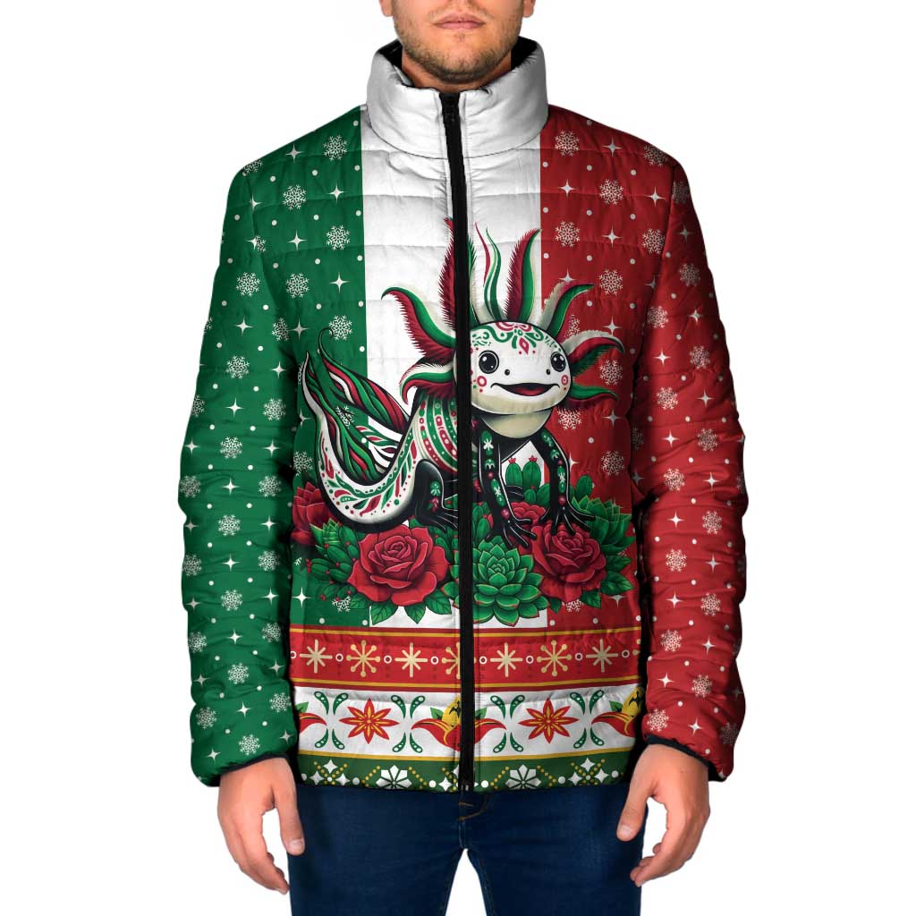 Mexico Christmas Padded Jacket Cute Axolotl with Flag Style - Wonder Print Shop