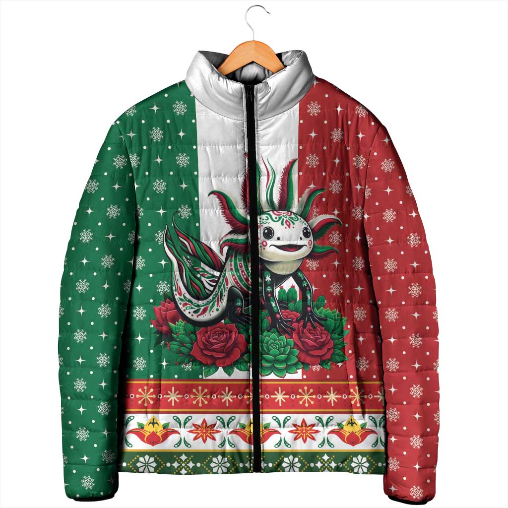 Mexico Christmas Padded Jacket Cute Axolotl with Flag Style - Wonder Print Shop