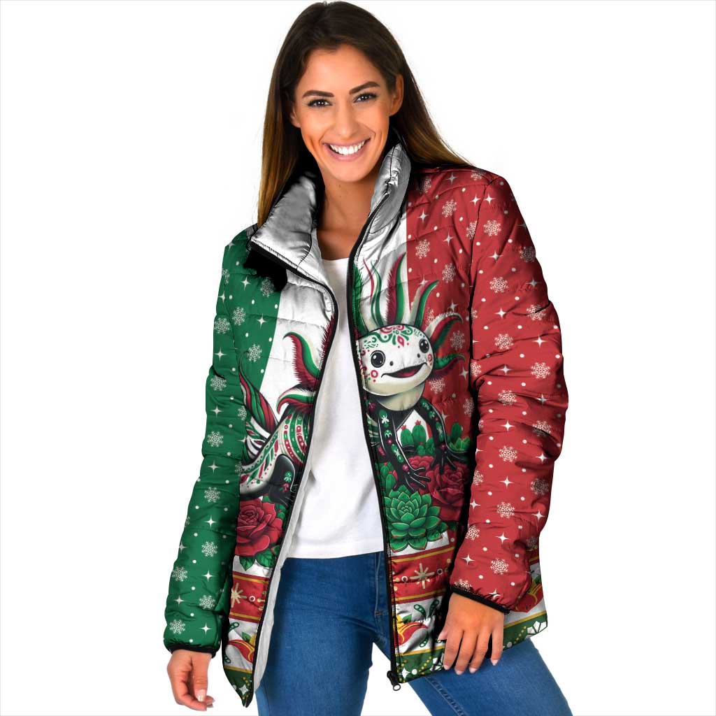 Mexico Christmas Padded Jacket Cute Axolotl with Flag Style - Wonder Print Shop