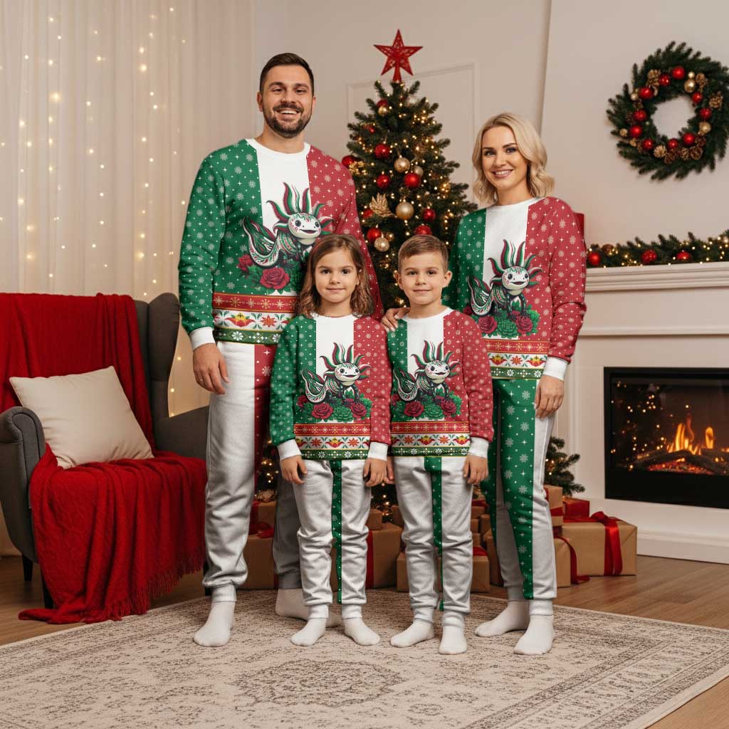 Mexico Christmas Pajama Set Cute Axolotl with Flag Style - Wonder Print Shop
