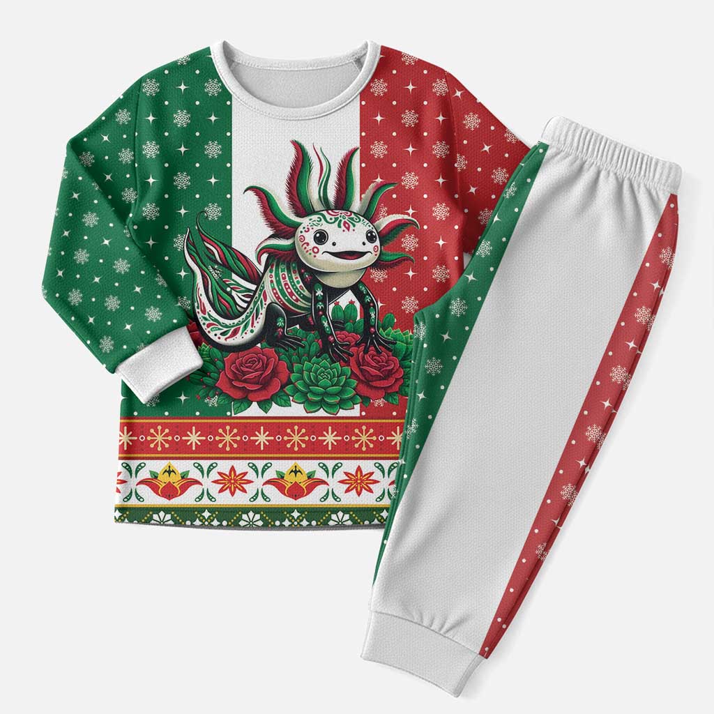 Mexico Christmas Pajama Set Cute Axolotl with Flag Style - Wonder Print Shop