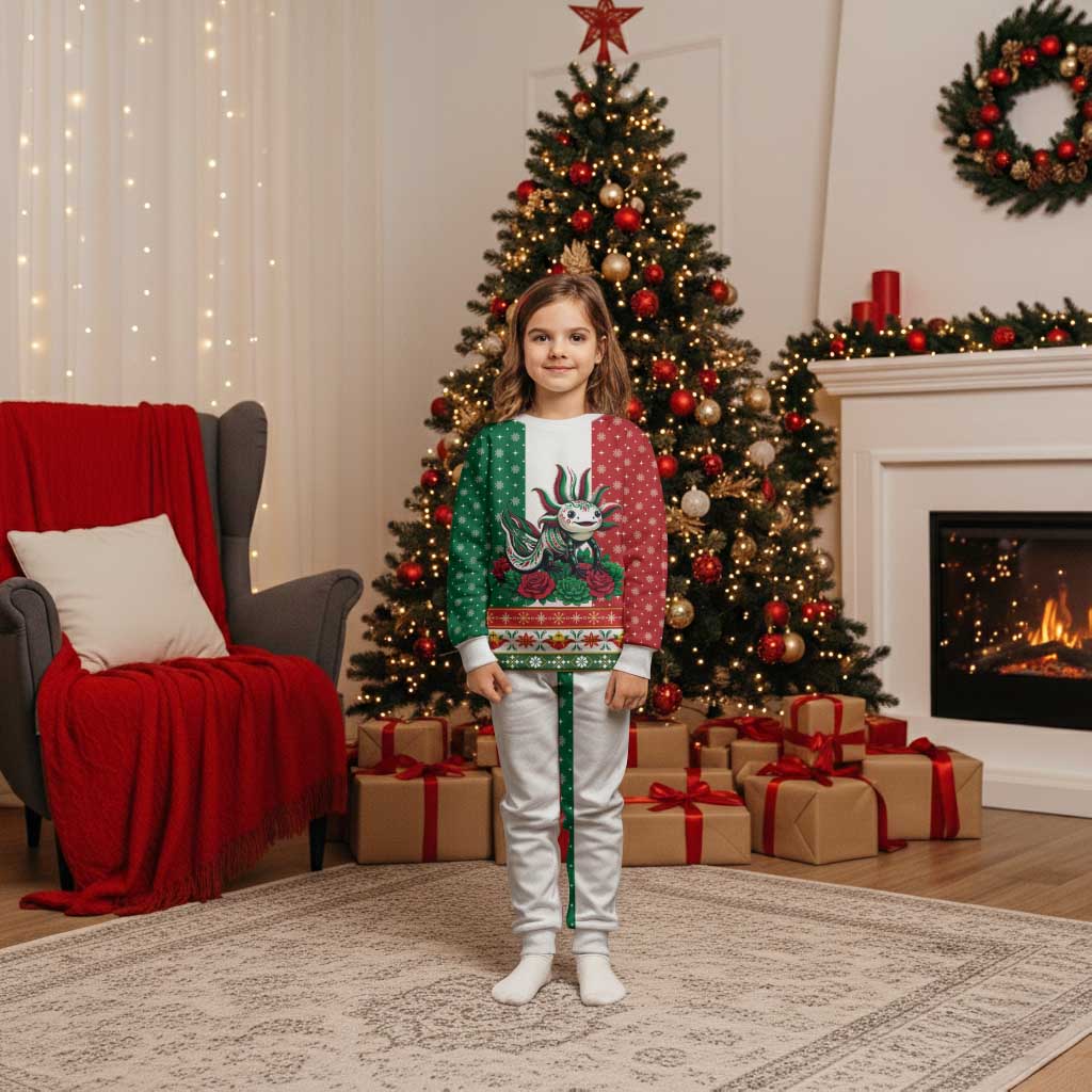 Mexico Christmas Pajama Set Cute Axolotl with Flag Style - Wonder Print Shop