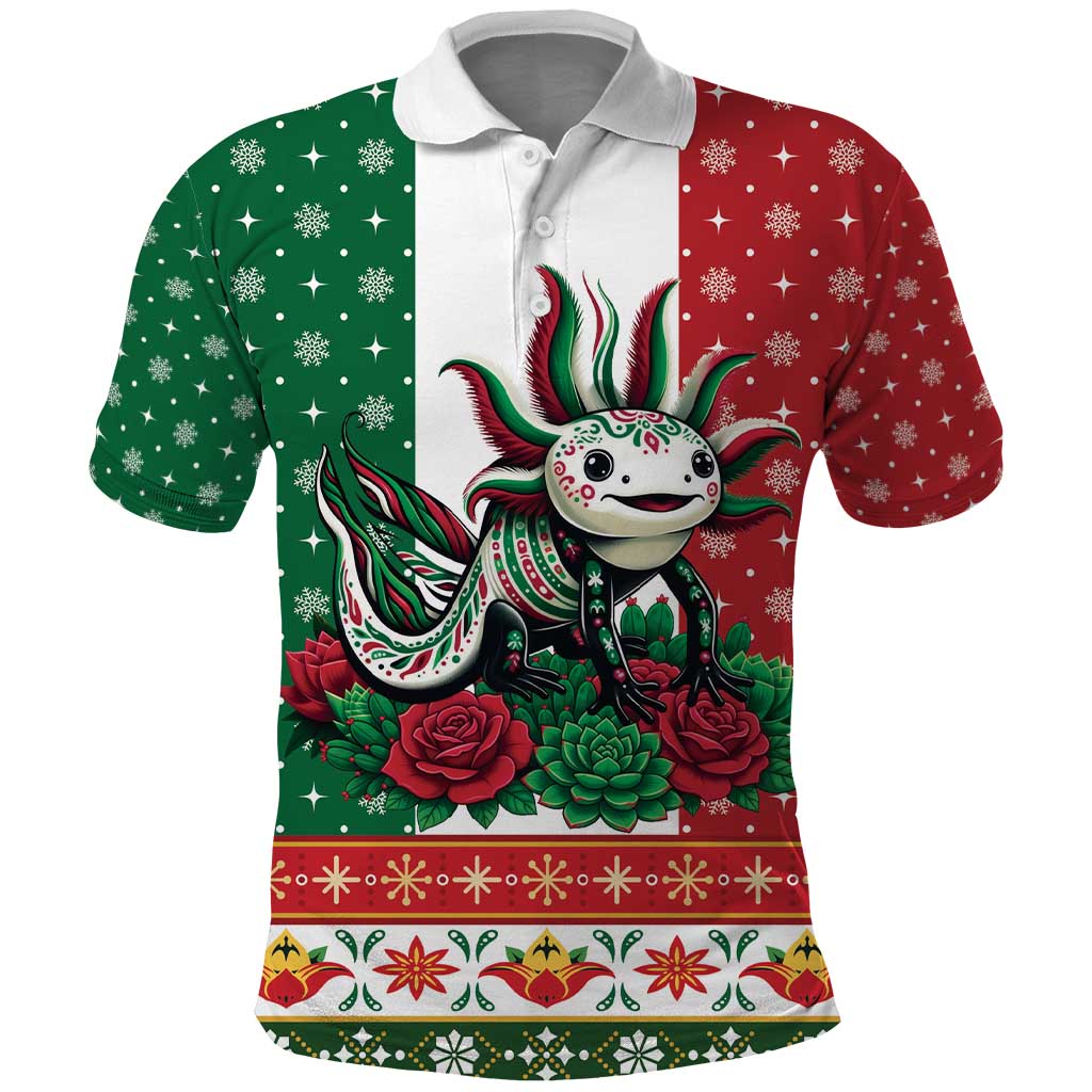 Mexico Christmas Polo Shirt Cute Axolotl with Flag Style - Wonder Print Shop