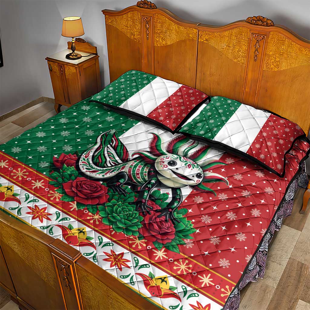 Mexico Christmas Quilt Bed Set Cute Axolotl with Flag Style - Wonder Print Shop