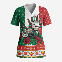 Mexico Christmas Scrub Top Cute Axolotl with Flag Style - Wonder Print Shop