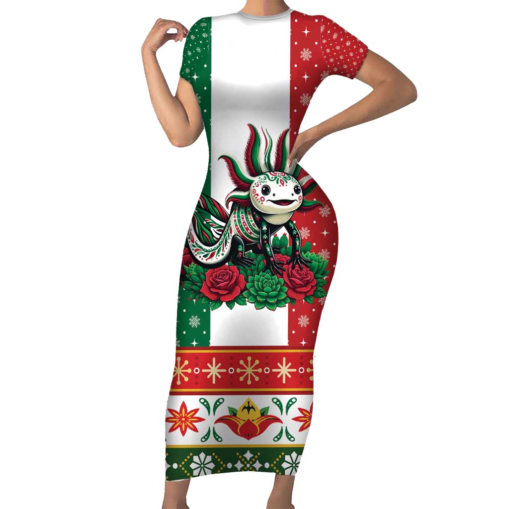 Mexico Christmas Short Sleeve Bodycon Dress Cute Axolotl with Flag Style - Wonder Print Shop