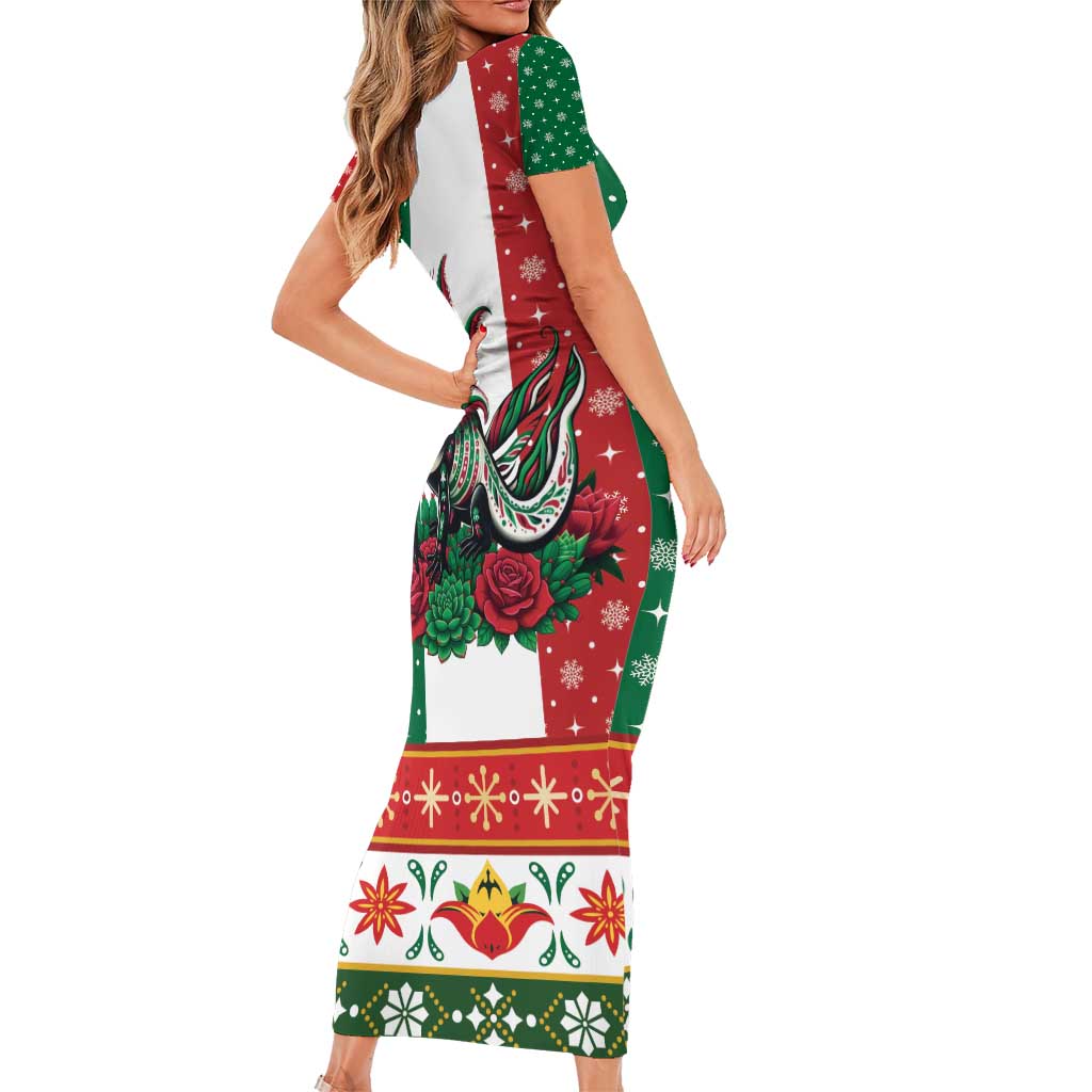 Mexico Christmas Short Sleeve Bodycon Dress Cute Axolotl with Flag Style - Wonder Print Shop