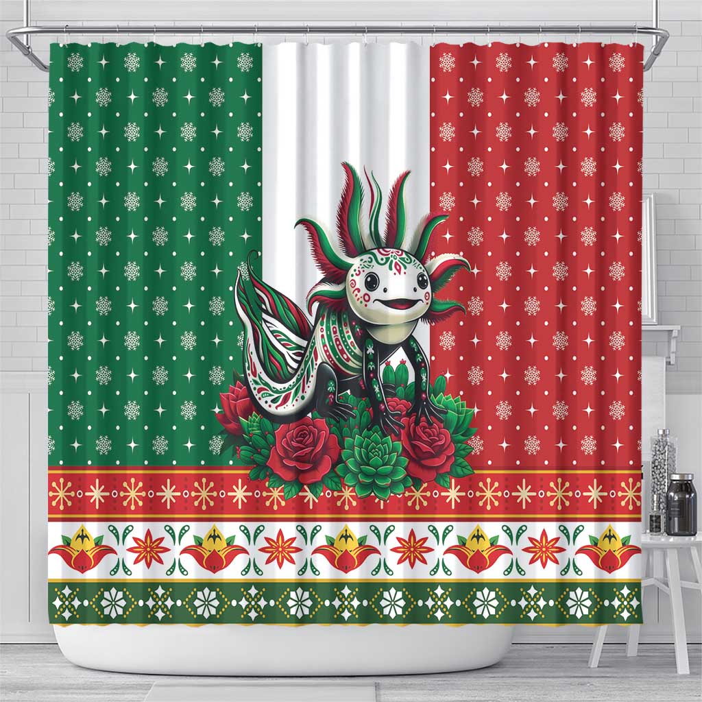 Mexico Christmas Shower Curtain Cute Axolotl with Flag Style - Wonder Print Shop