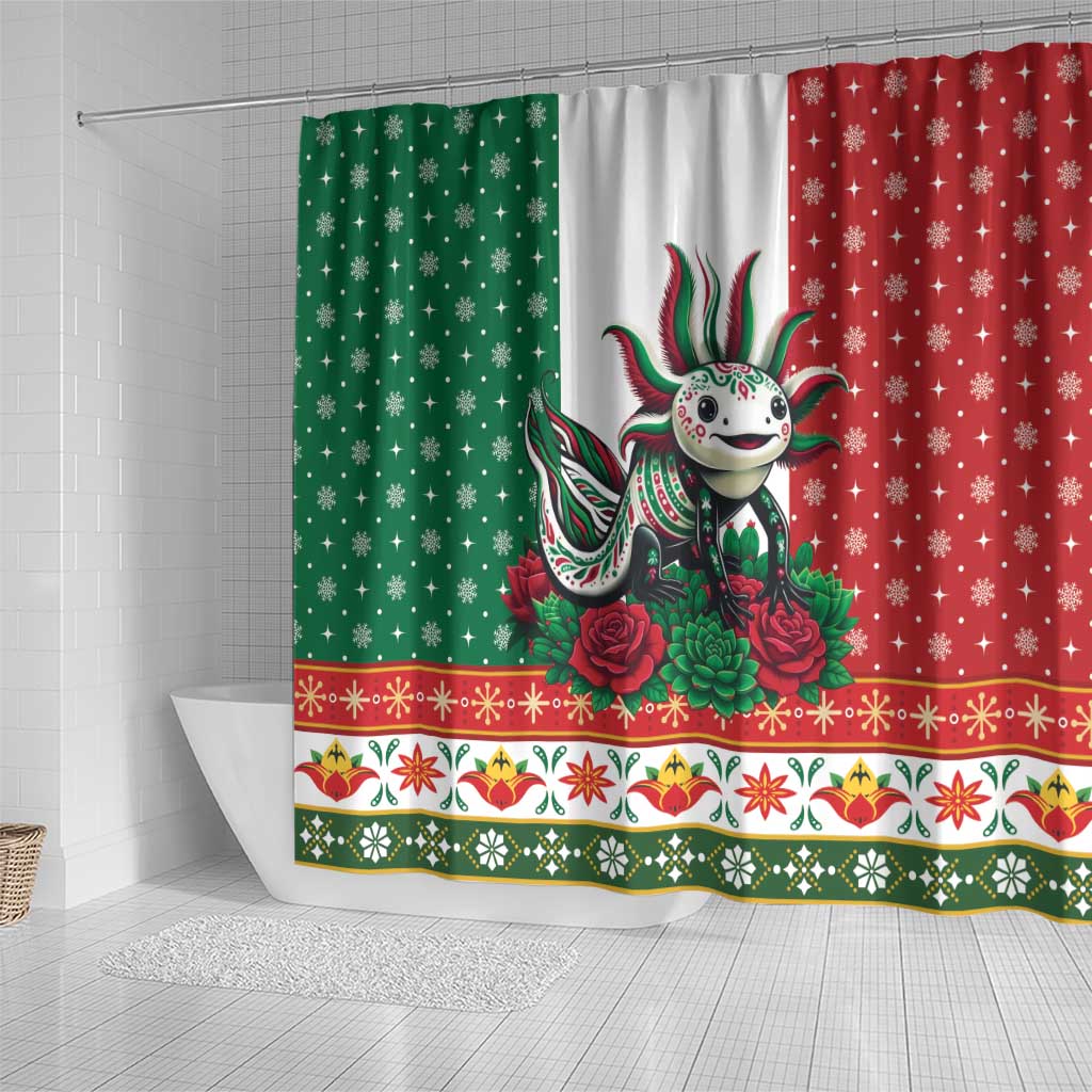 Mexico Christmas Shower Curtain Cute Axolotl with Flag Style - Wonder Print Shop