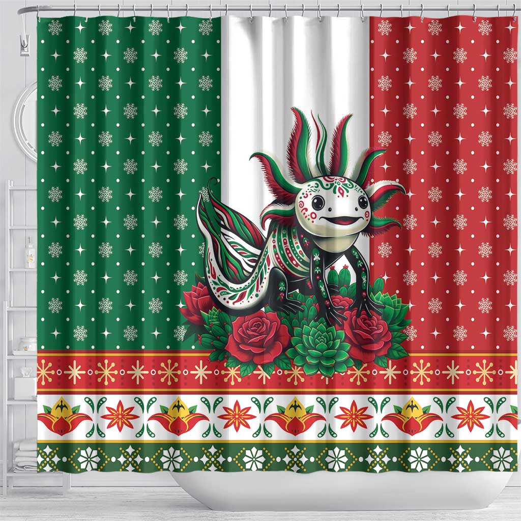 Mexico Christmas Shower Curtain Cute Axolotl with Flag Style - Wonder Print Shop