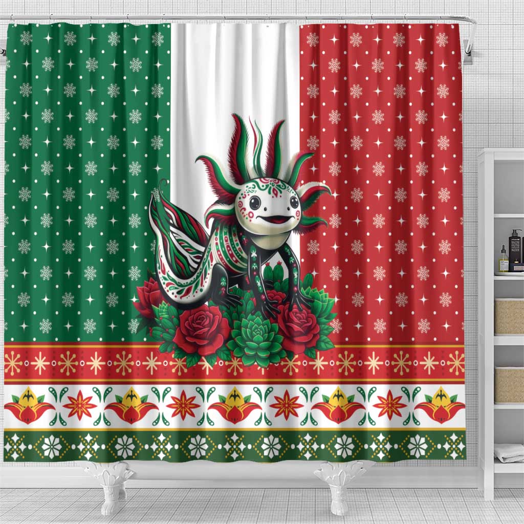 Mexico Christmas Shower Curtain Cute Axolotl with Flag Style - Wonder Print Shop