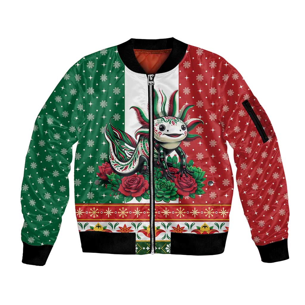Mexico Christmas Sleeve Zip Bomber Jacket Cute Axolotl with Flag Style - Wonder Print Shop