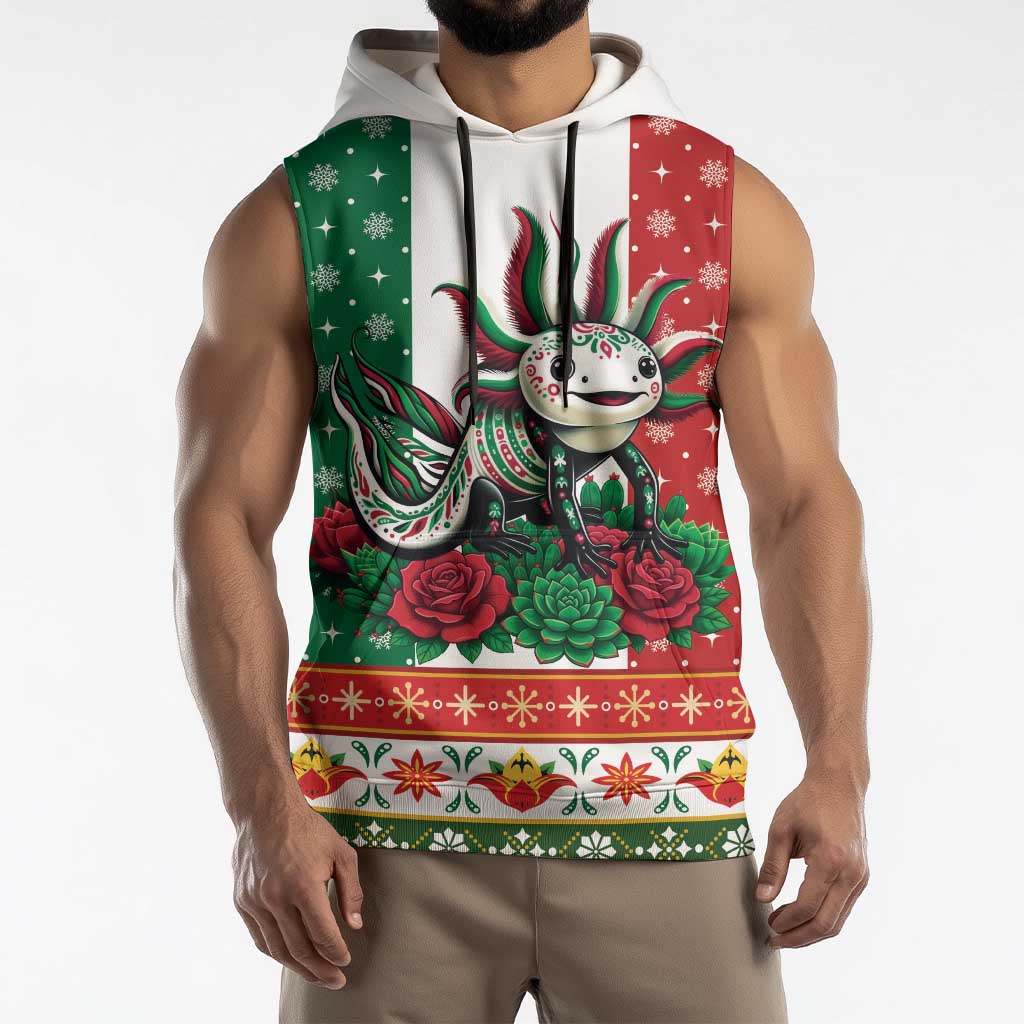 Mexico Christmas Sleeveless Hoodie Cute Axolotl with Flag Style - Wonder Print Shop