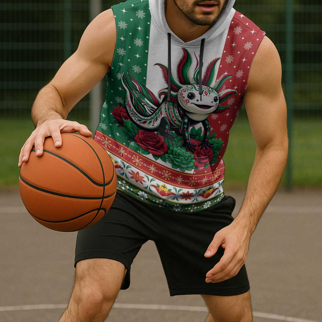 Mexico Christmas Sleeveless Hoodie Cute Axolotl with Flag Style - Wonder Print Shop
