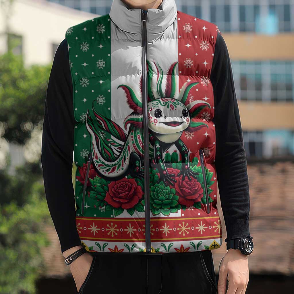 Mexico Christmas Sleeveless Puffer Jacket Cute Axolotl with Flag Style - Wonder Print Shop