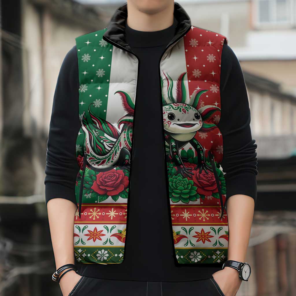 Mexico Christmas Sleeveless Puffer Jacket Cute Axolotl with Flag Style - Wonder Print Shop