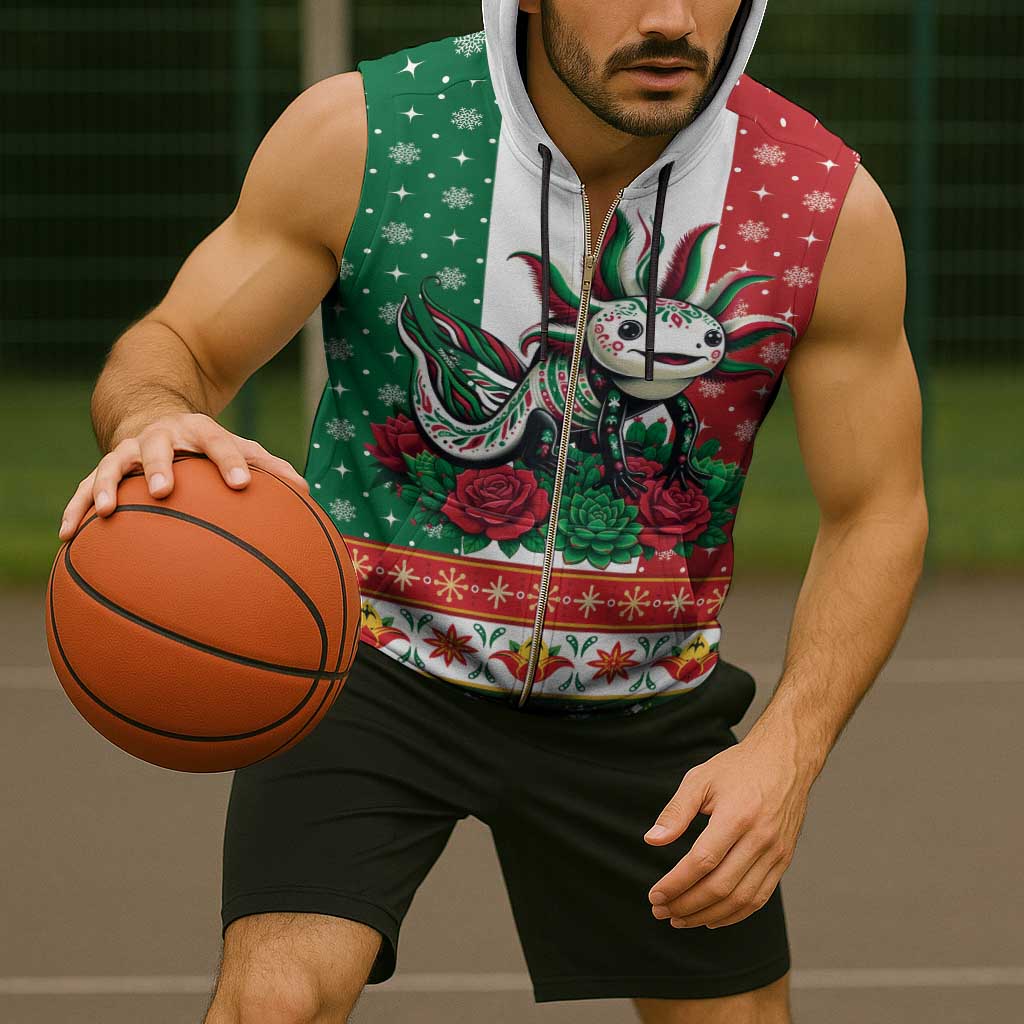 Mexico Christmas Sleeveless Zip Hoodie Cute Axolotl with Flag Style - Wonder Print Shop