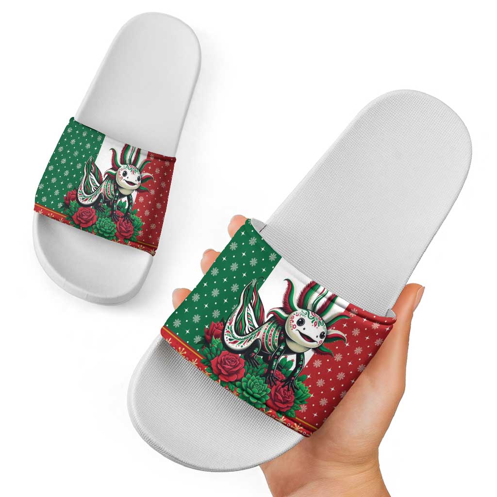 Mexico Christmas Slide Sandals Cute Axolotl with Flag Style - Wonder Print Shop