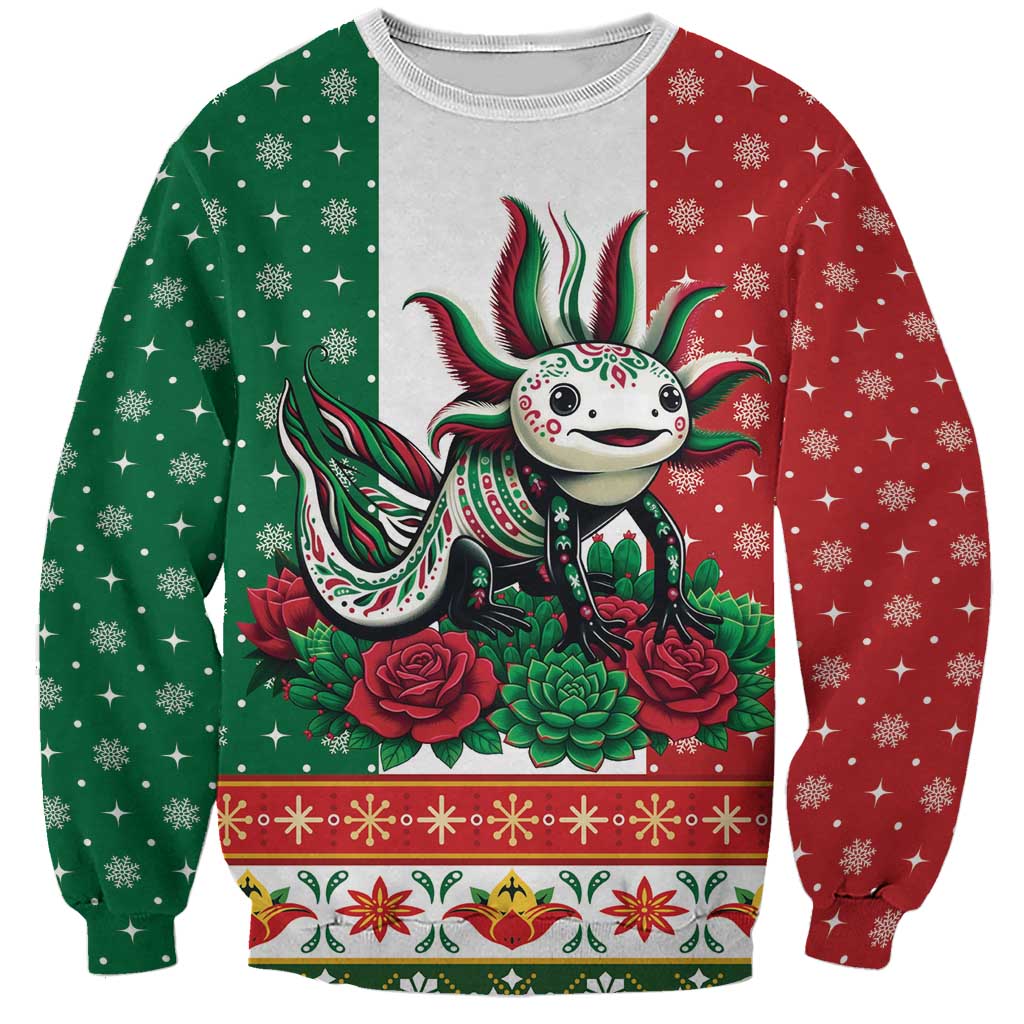 Mexico Christmas Sweatshirt Cute Axolotl with Flag Style - Wonder Print Shop