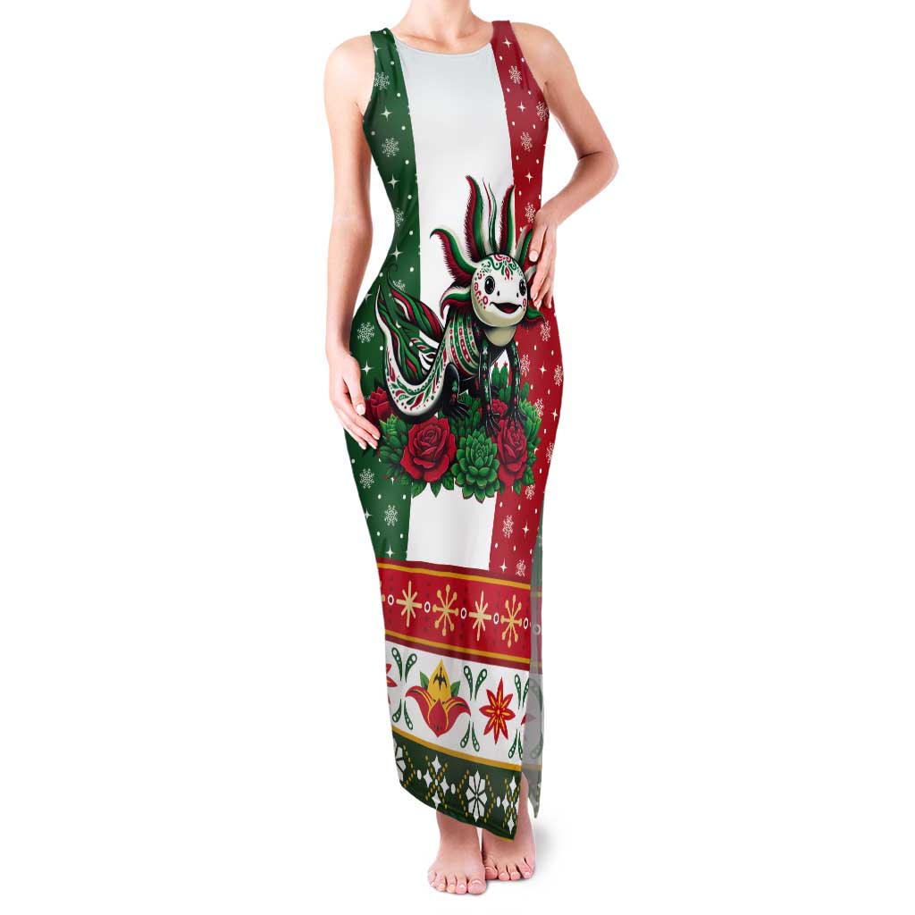 Mexico Christmas Tank Maxi Dress Cute Axolotl with Flag Style - Wonder Print Shop
