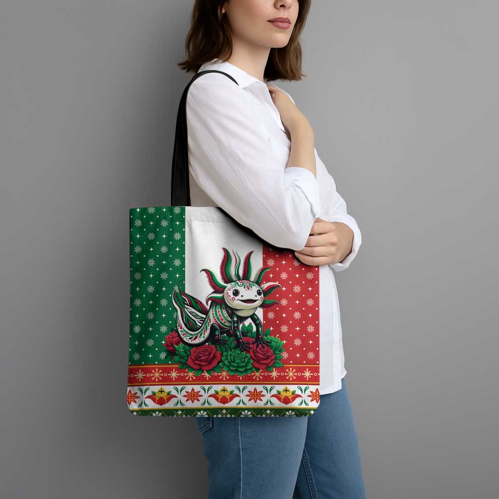 Mexico Christmas Tote Bag Cute Axolotl with Flag Style - Wonder Print Shop