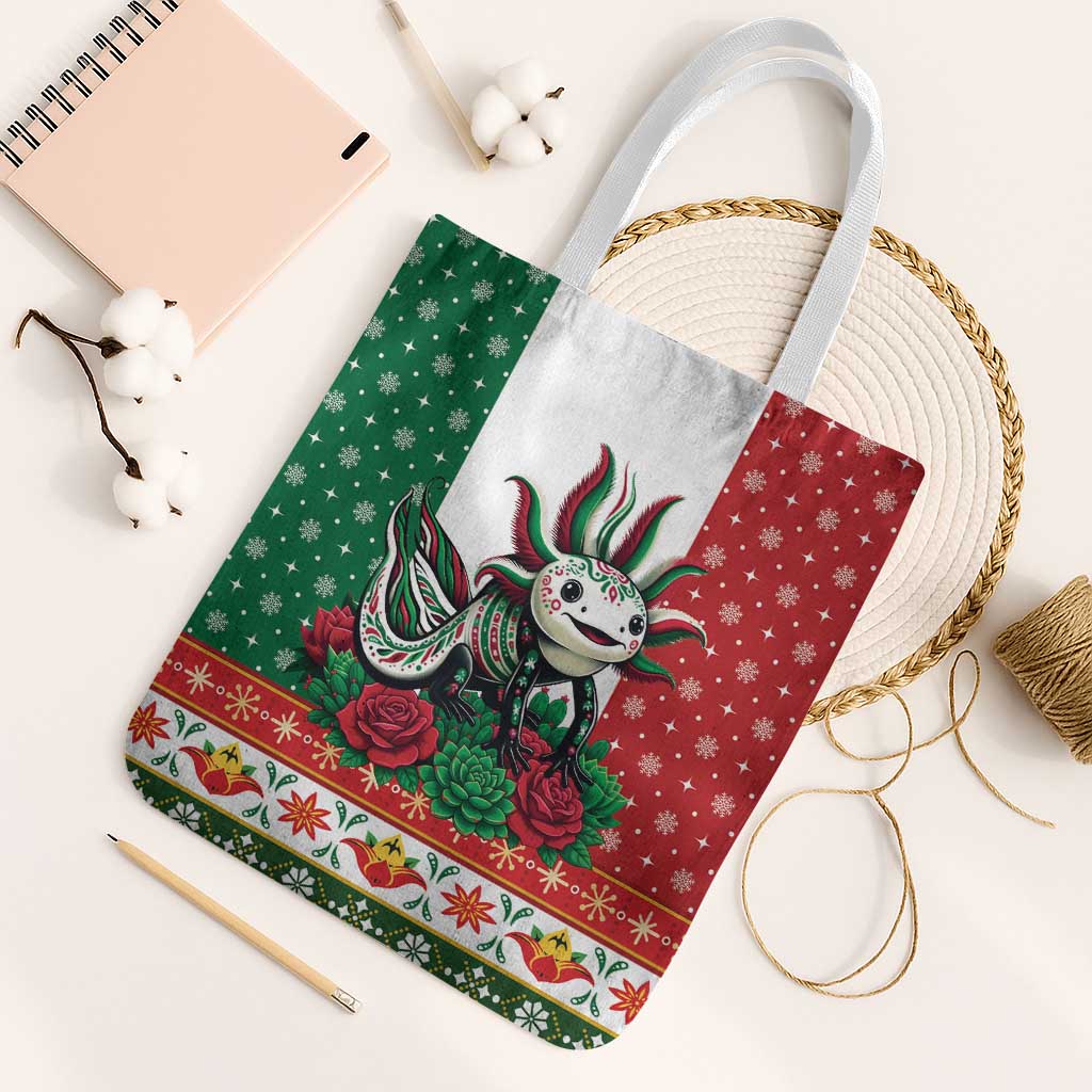 Mexico Christmas Tote Bag Cute Axolotl with Flag Style - Wonder Print Shop