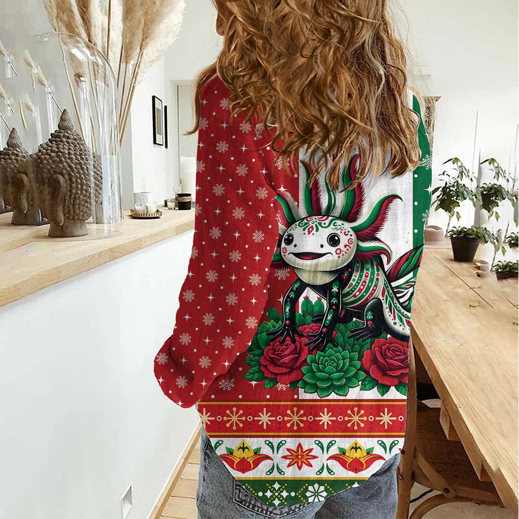 Mexico Christmas Women Casual Shirt Cute Axolotl with Flag Style - Wonder Print Shop