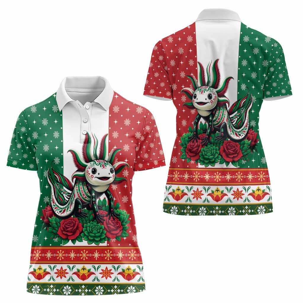 Mexico Christmas Women Polo Shirt Cute Axolotl with Flag Style - Wonder Print Shop