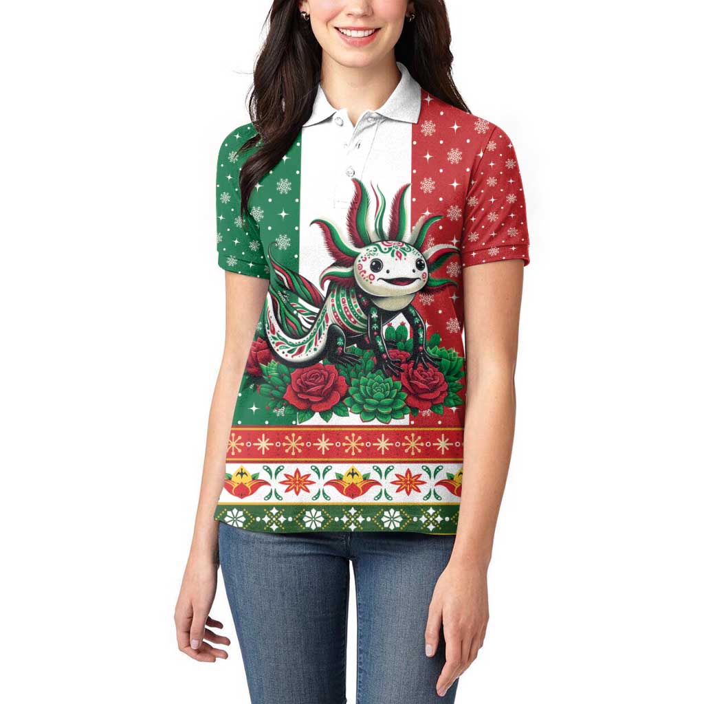 Mexico Christmas Women Polo Shirt Cute Axolotl with Flag Style - Wonder Print Shop