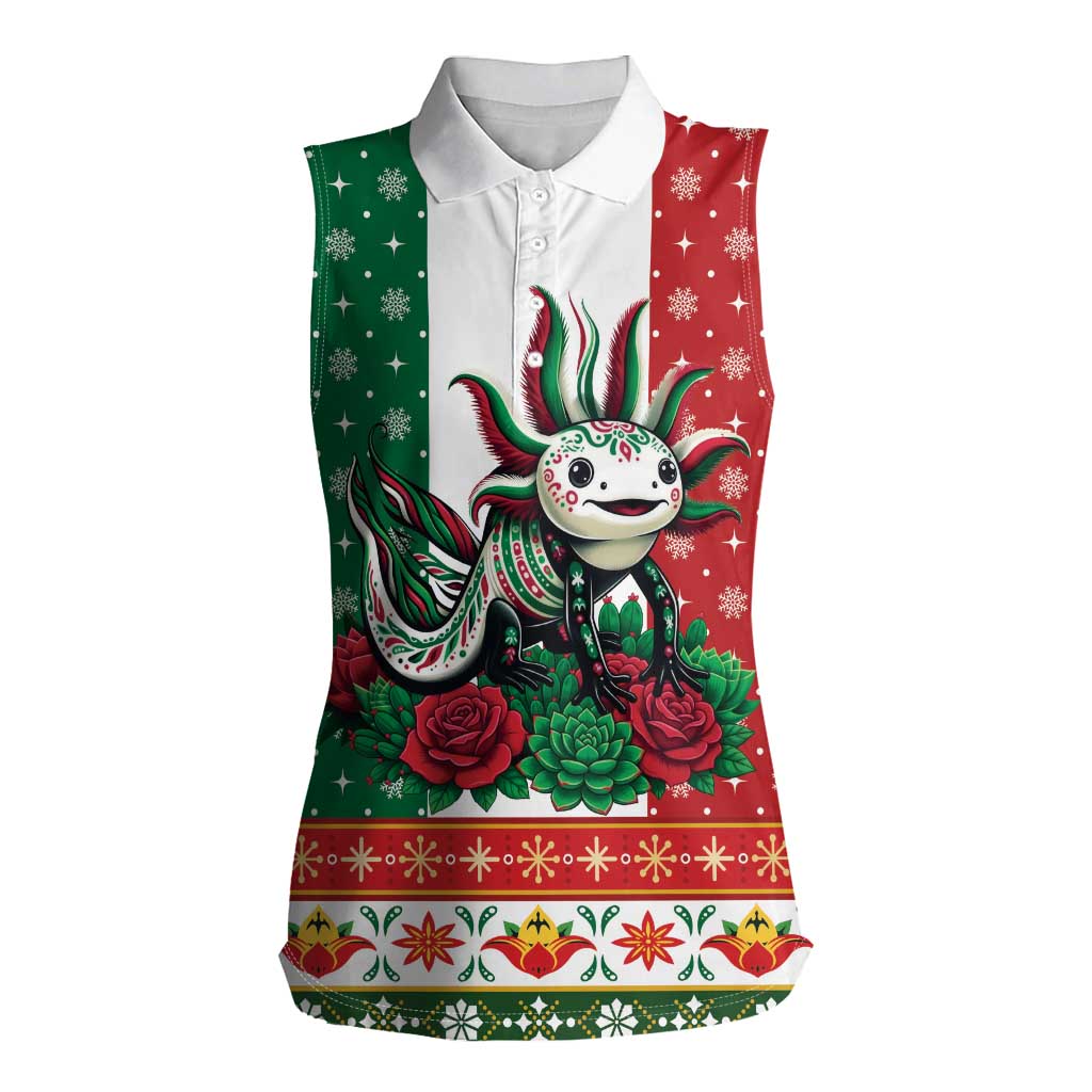 Mexico Christmas Women Sleeveless Polo Shirt Cute Axolotl with Flag Style - Wonder Print Shop