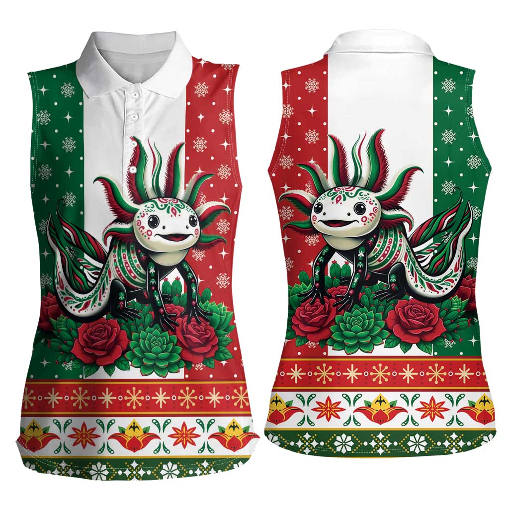 Mexico Christmas Women Sleeveless Polo Shirt Cute Axolotl with Flag Style - Wonder Print Shop