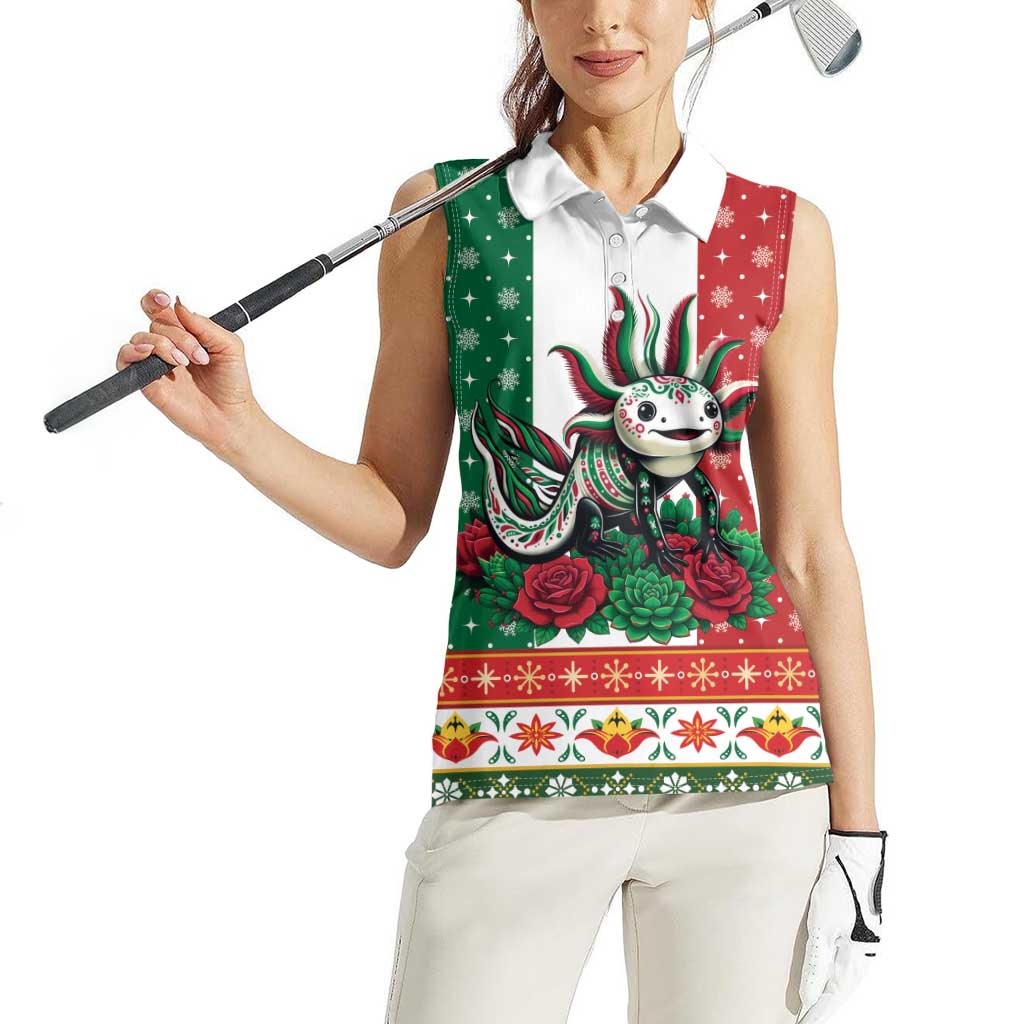 Mexico Christmas Women Sleeveless Polo Shirt Cute Axolotl with Flag Style - Wonder Print Shop