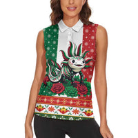 Mexico Christmas Women Sleeveless Polo Shirt Cute Axolotl with Flag Style - Wonder Print Shop