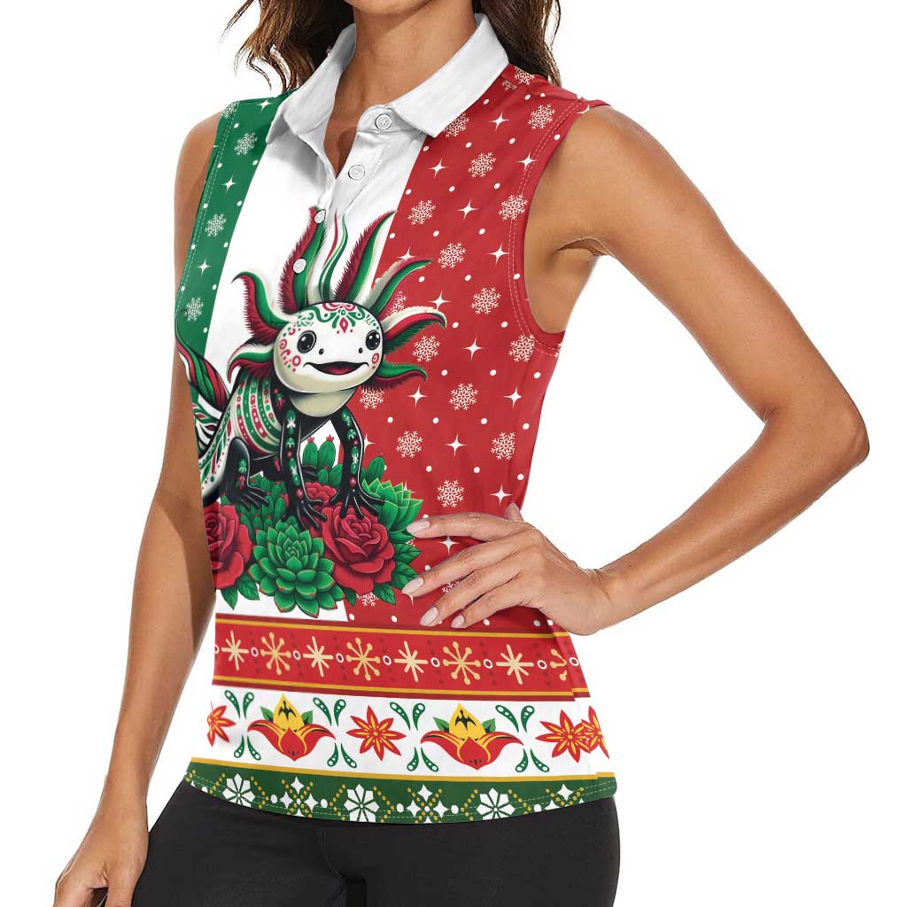 Mexico Christmas Women Sleeveless Polo Shirt Cute Axolotl with Flag Style - Wonder Print Shop