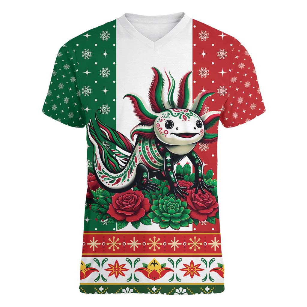 Mexico Christmas Women V-Neck T-Shirt Cute Axolotl with Flag Style - Wonder Print Shop