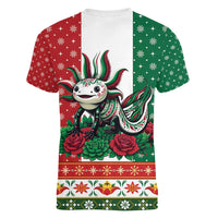 Mexico Christmas Women V-Neck T-Shirt Cute Axolotl with Flag Style - Wonder Print Shop