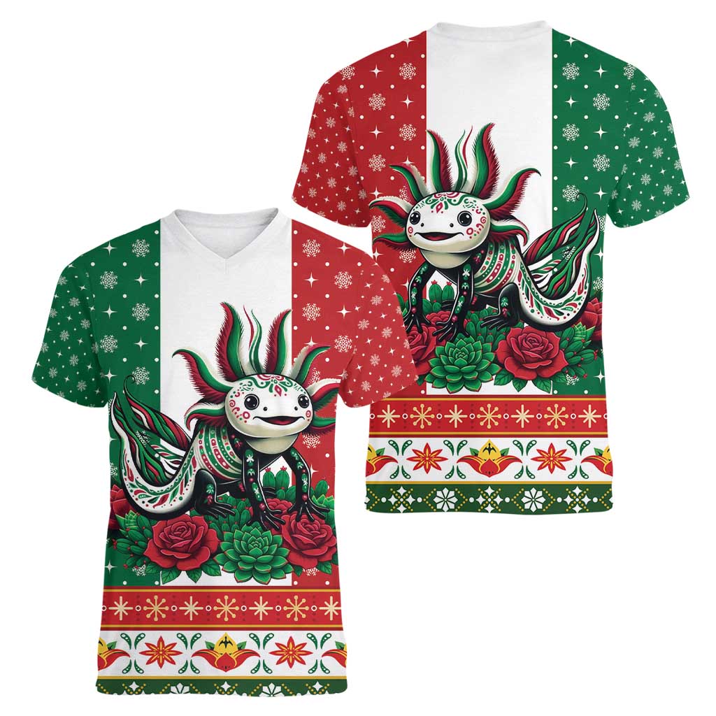Mexico Christmas Women V-Neck T-Shirt Cute Axolotl with Flag Style - Wonder Print Shop