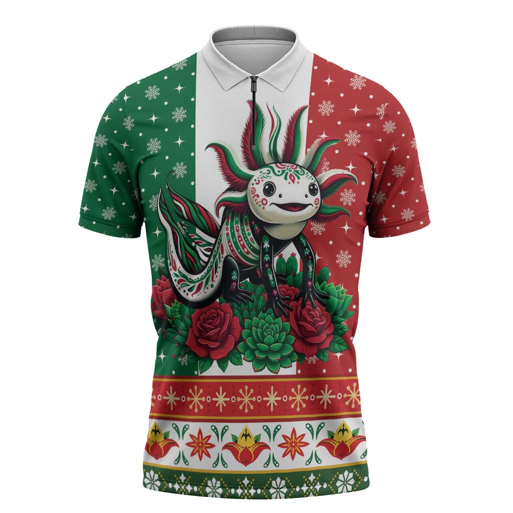 Mexico Christmas Zipper Polo Shirt Cute Axolotl with Flag Style - Wonder Print Shop