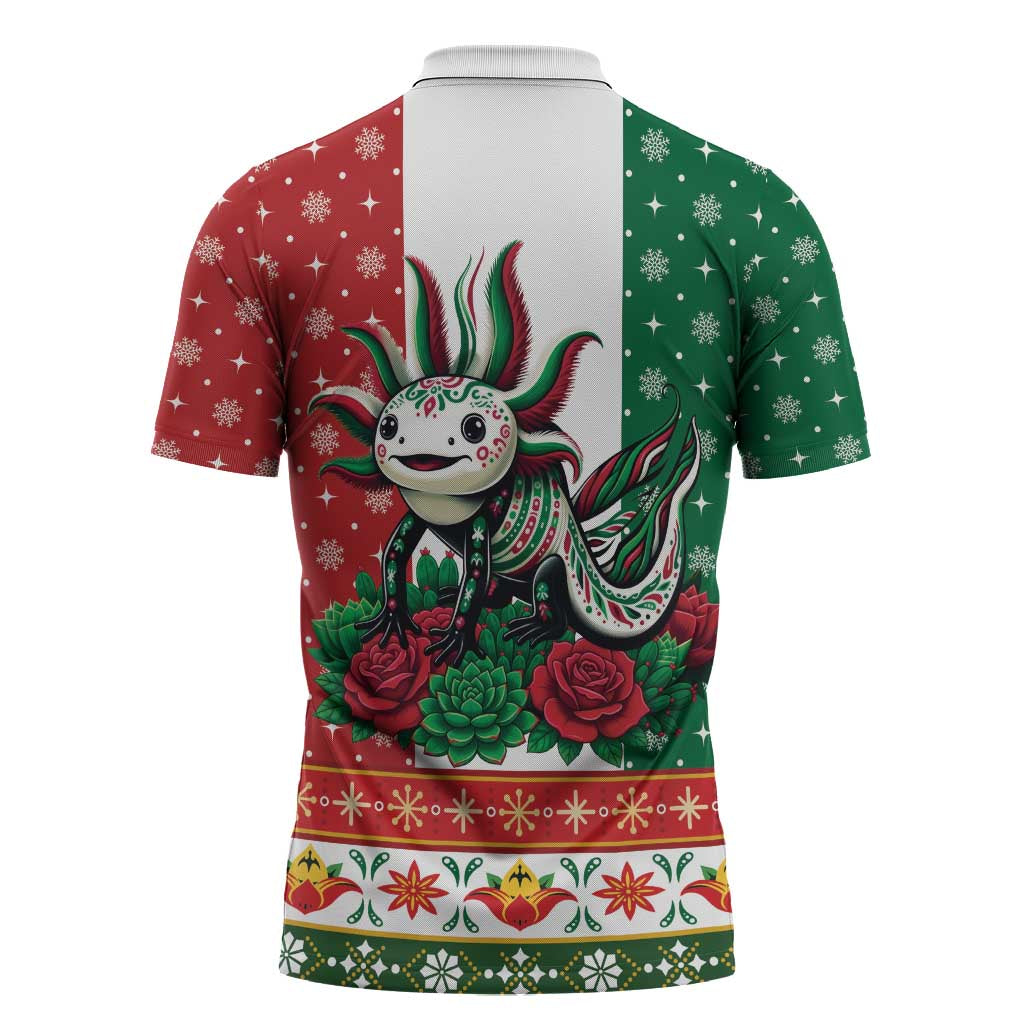 Mexico Christmas Zipper Polo Shirt Cute Axolotl with Flag Style - Wonder Print Shop