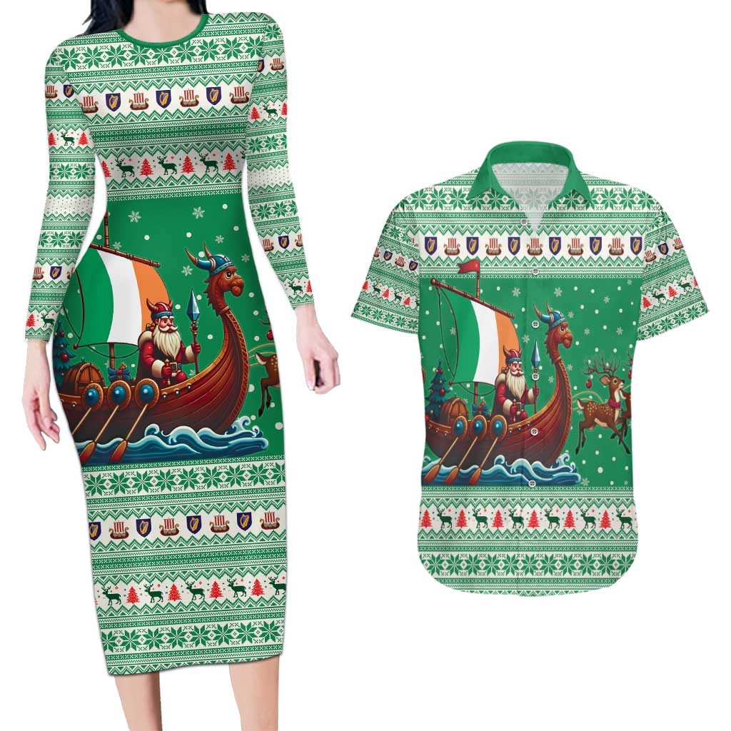 Ireland Viking Santa Christmas Couples Matching Long Sleeve Bodycon Dress and Hawaiian Shirt Funny Reindeer Norse Xmas - Wonder Print Shop